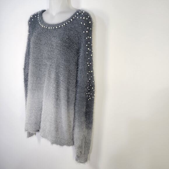 Venus Sweater Womens Size XL Soft Cozy Pearl Trim Gray Ombre Fuzzy Long Sleeve - Picture 7 of 10